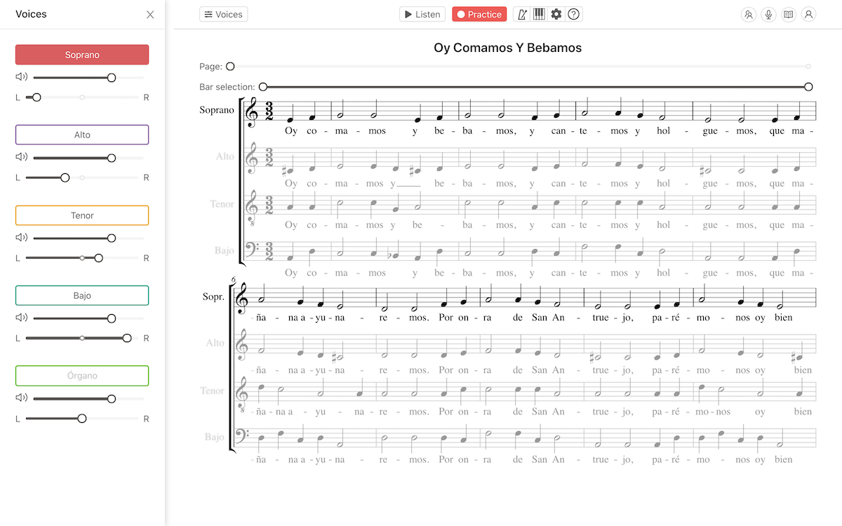 Screenshot of the Cantamus app